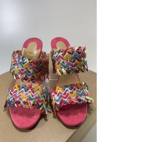 Meroine Pink Rainbow Woven 85mm raffia fringe heels mules D974 - Picture 3 of 11